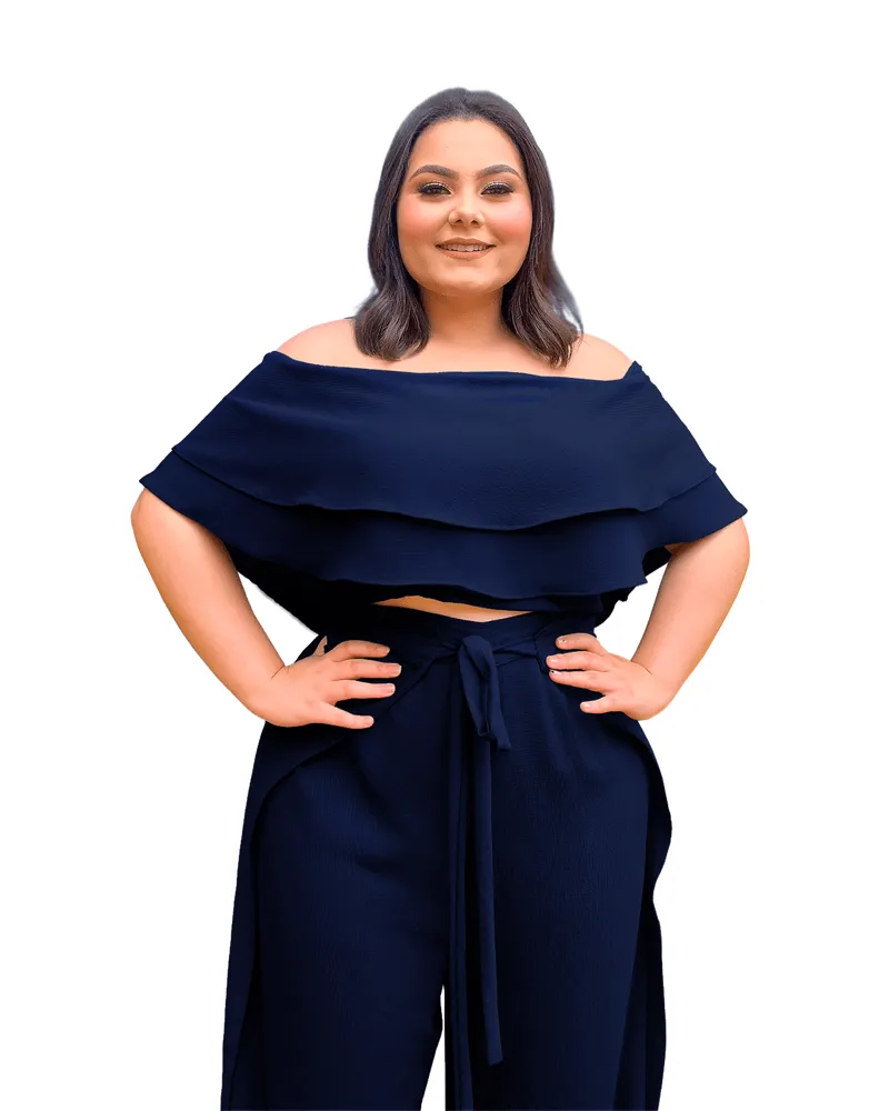 Conjunto Cropped Ciganinha e Calça Envelope Azul Marinho