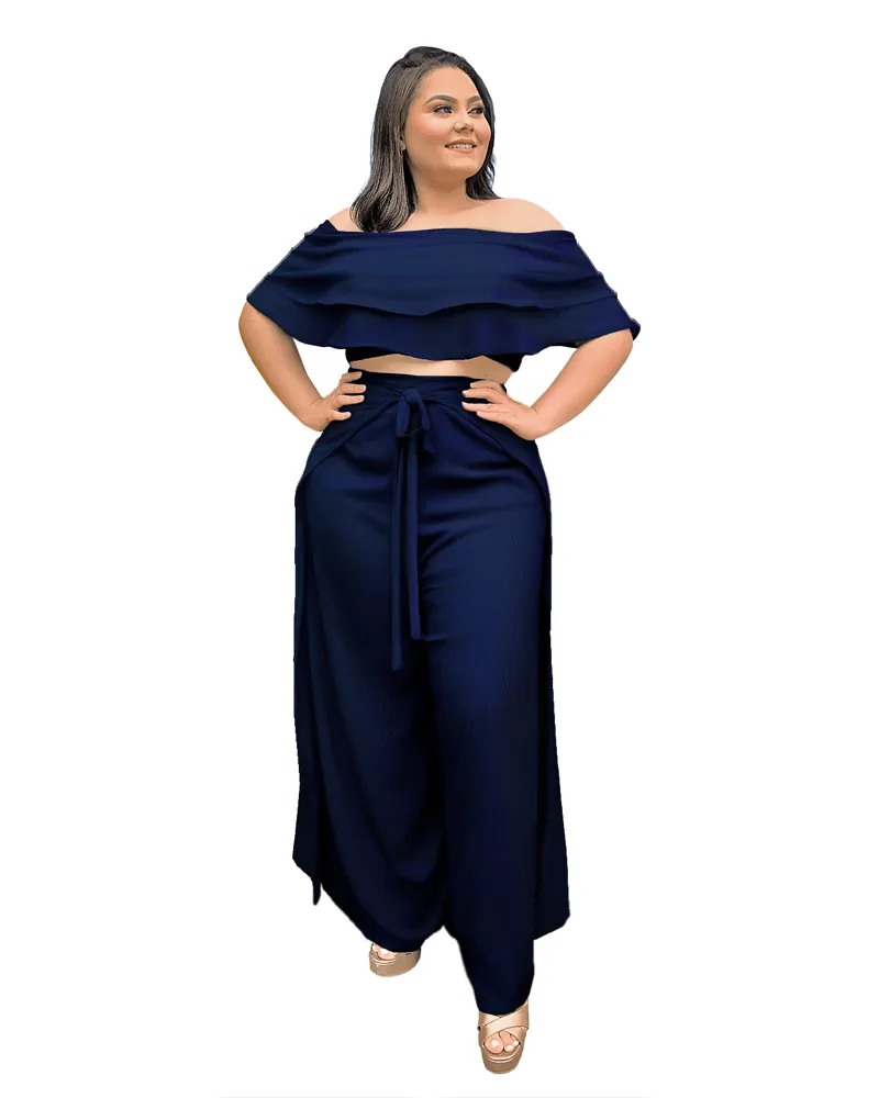 Conjunto Cropped Ciganinha e Calça Envelope Azul Marinho