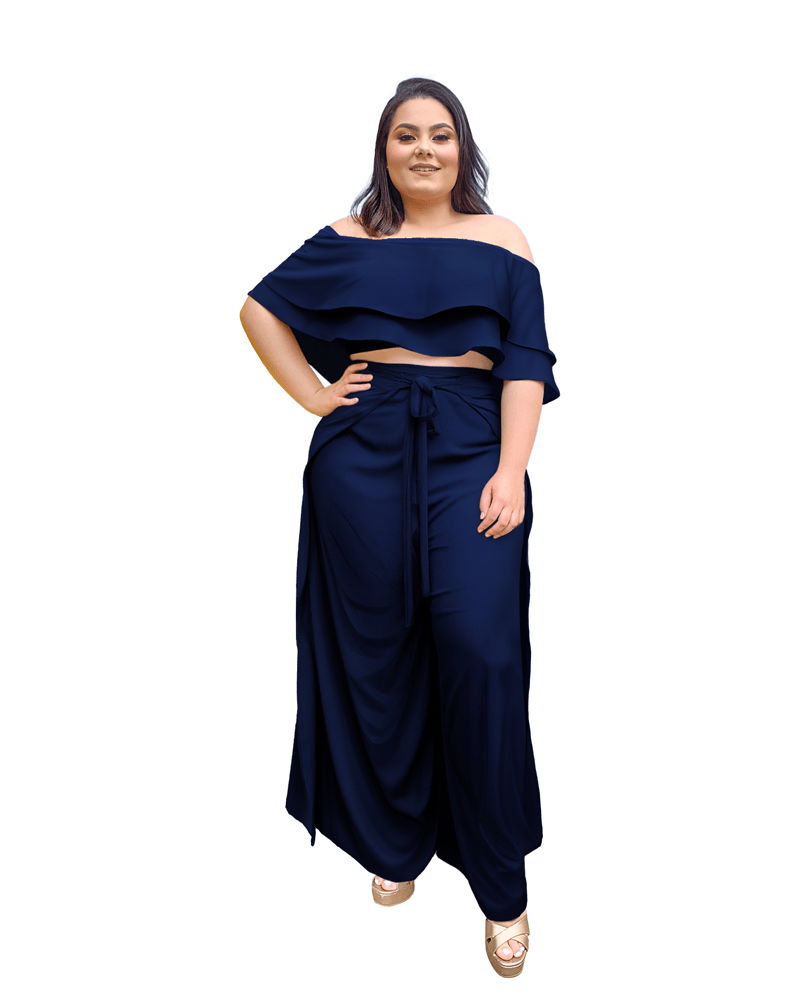 Conjunto Cropped Ciganinha e Calça Envelope Azul Marinho