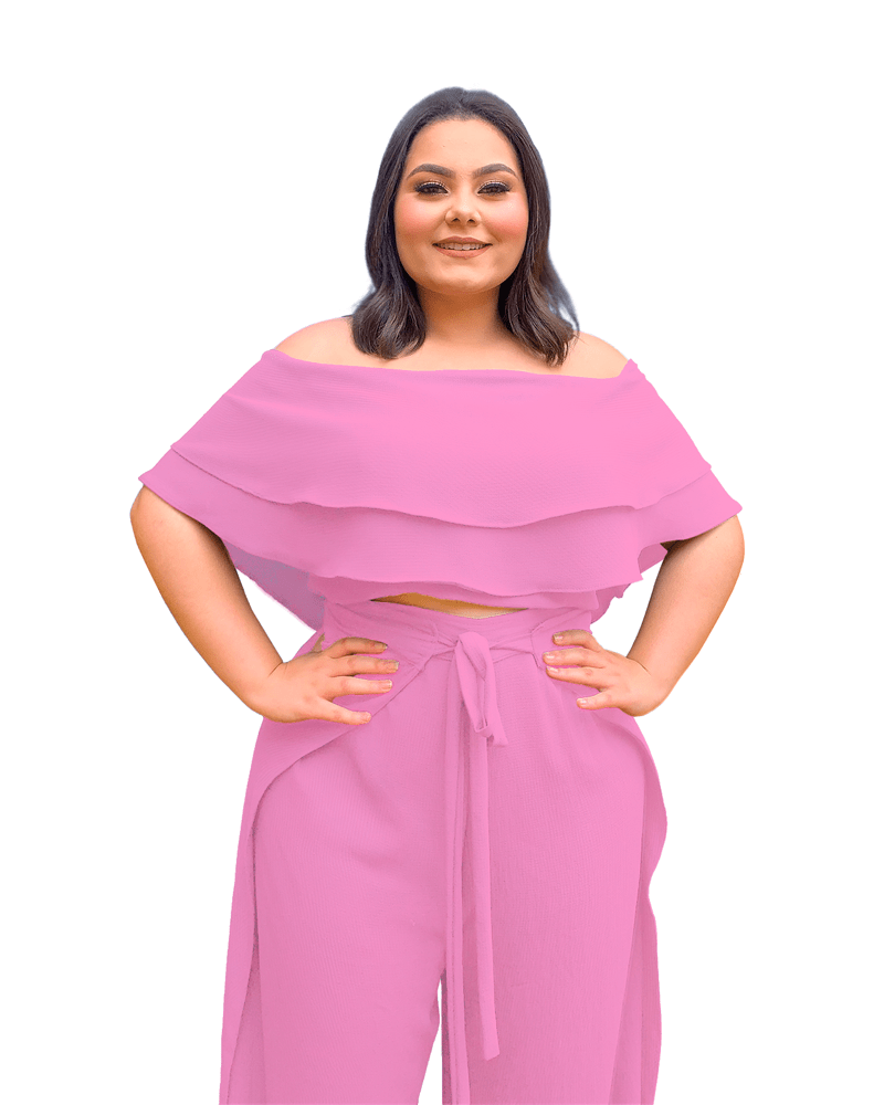 Conjunto Cropped Ciganinha  e Calça Envelope Rosa Chiclete