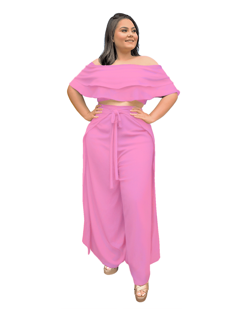 Conjunto Cropped Ciganinha  e Calça Envelope Rosa Chiclete