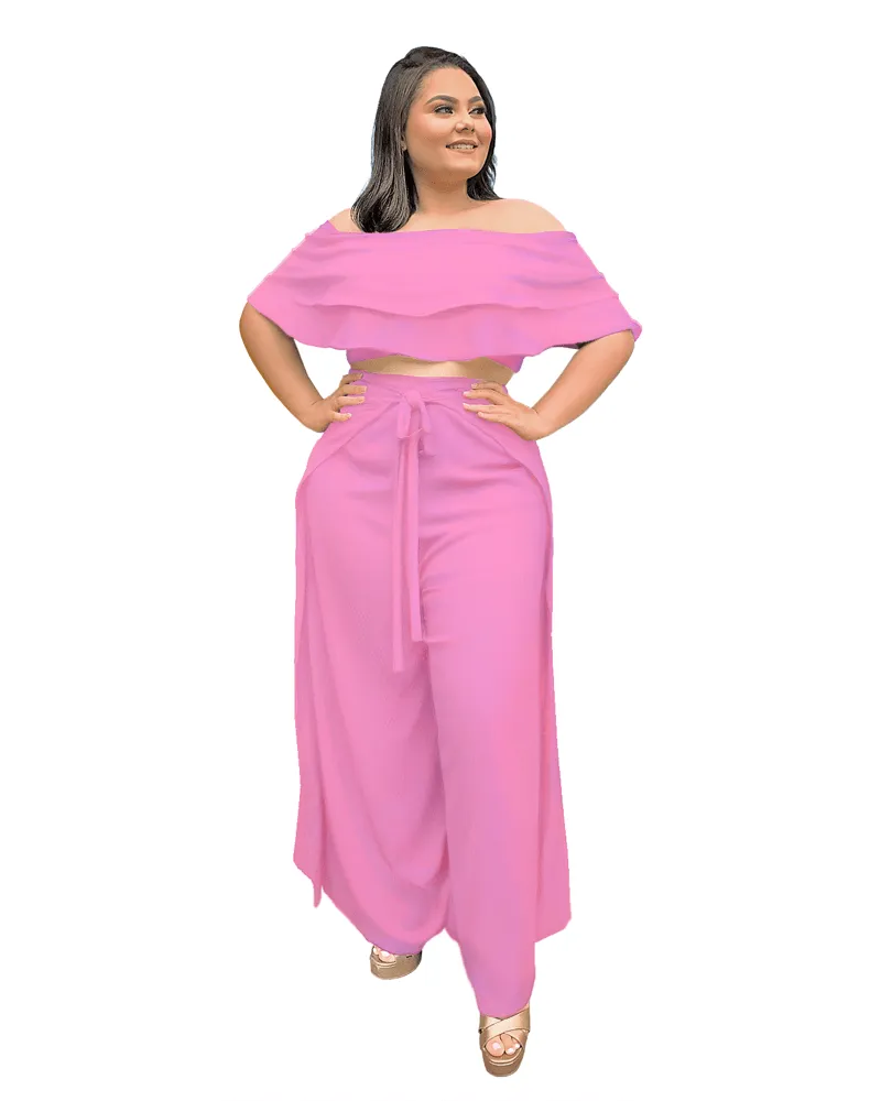Conjunto Cropped Ciganinha  e Calça Envelope Rosa Chiclete