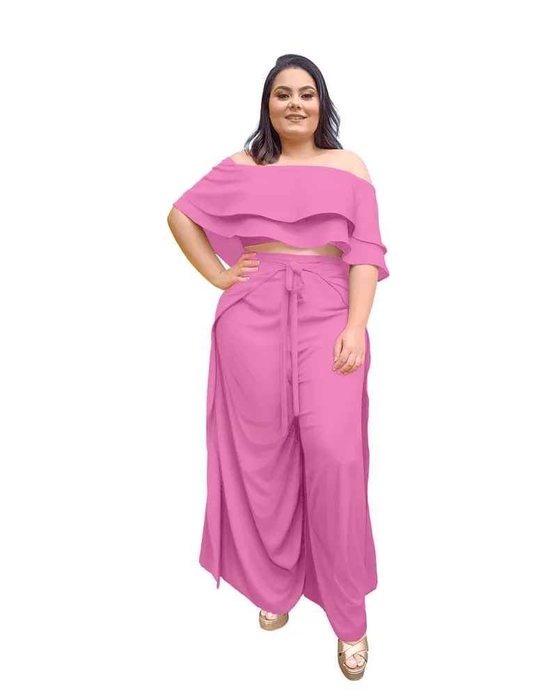 Conjunto Cropped Ciganinha  e Calça Envelope Rosa Chiclete