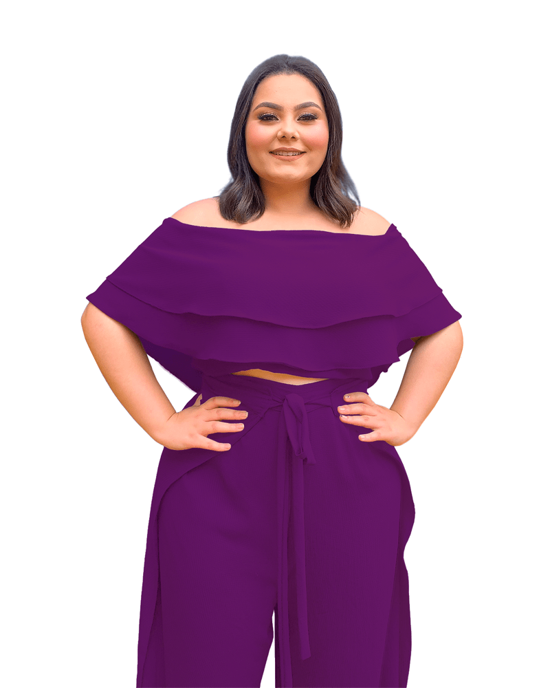 Conjunto Cropped Ciganinha e Calça Envelope roxo Profundo