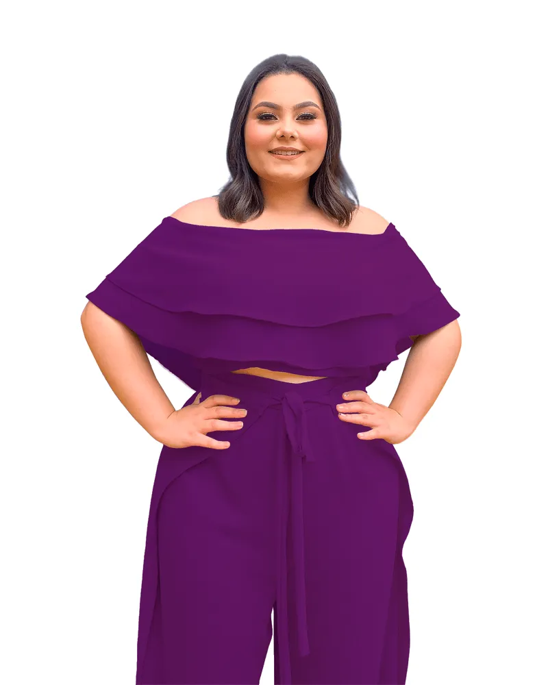 Conjunto Cropped Ciganinha e Calça Envelope roxo Profundo