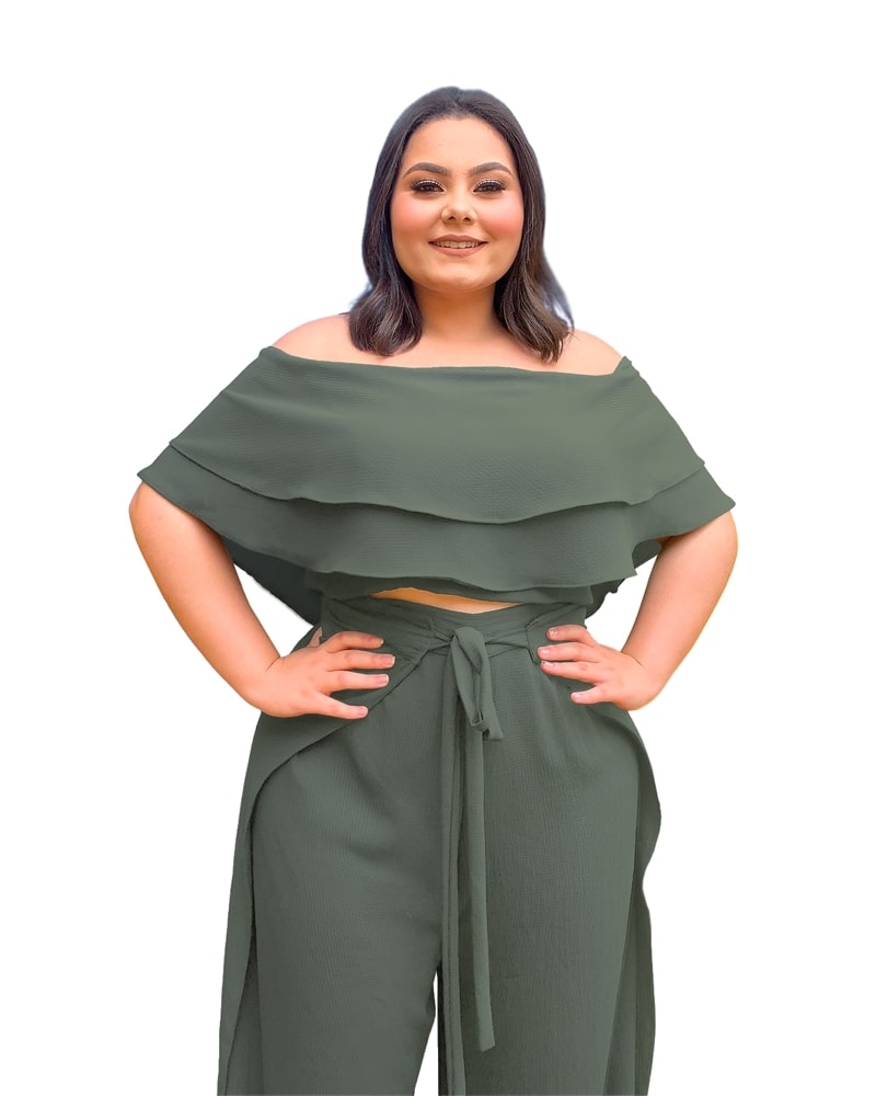 Conjunto Cropped Ciganinha e Calça Envelope Verde Militar