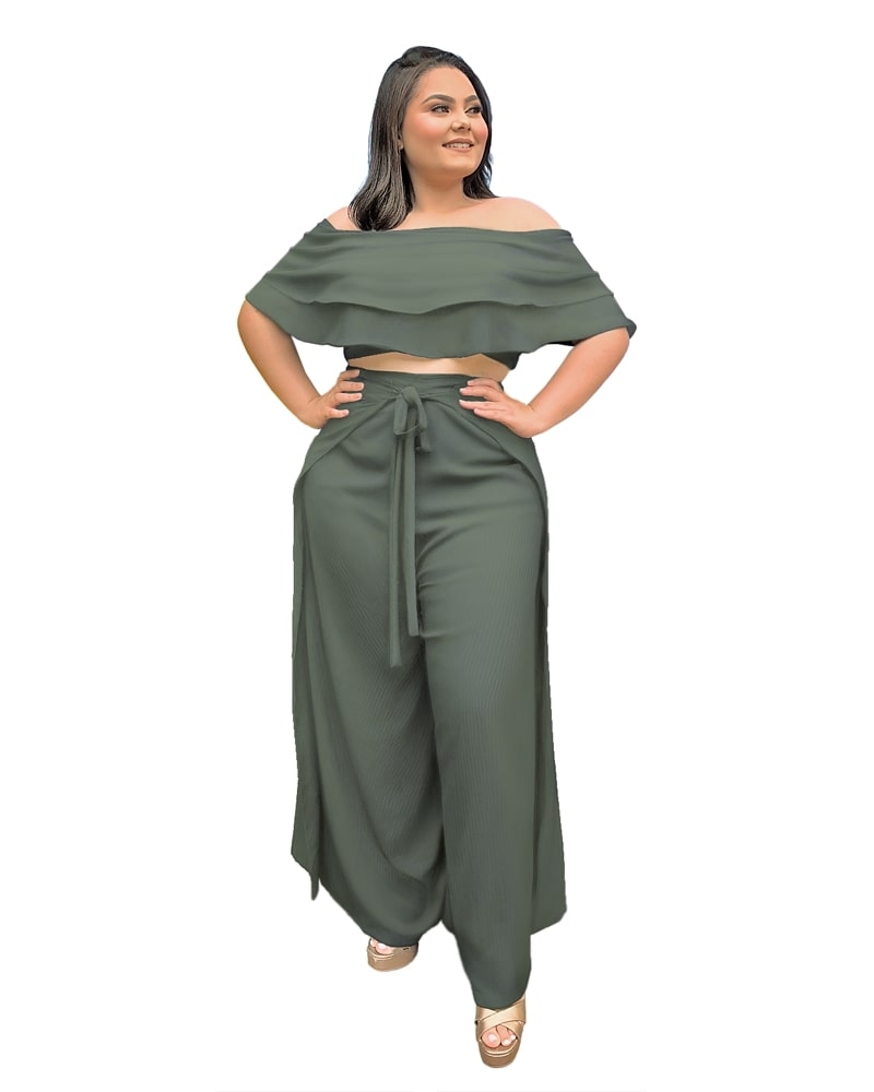 Conjunto Cropped Ciganinha e Calça Envelope Verde Militar