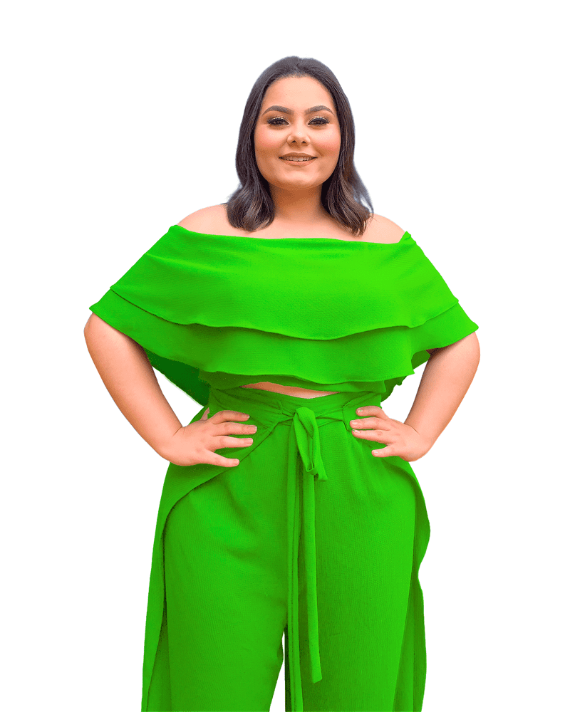 Conjunto Cropped Ciganinha  e Calça Envelope Verde Limão