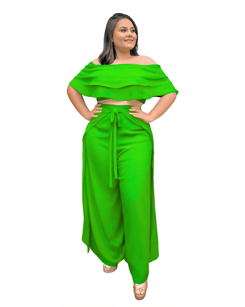 Conjunto Cropped Ciganinha  e Calça Envelope Verde Limão