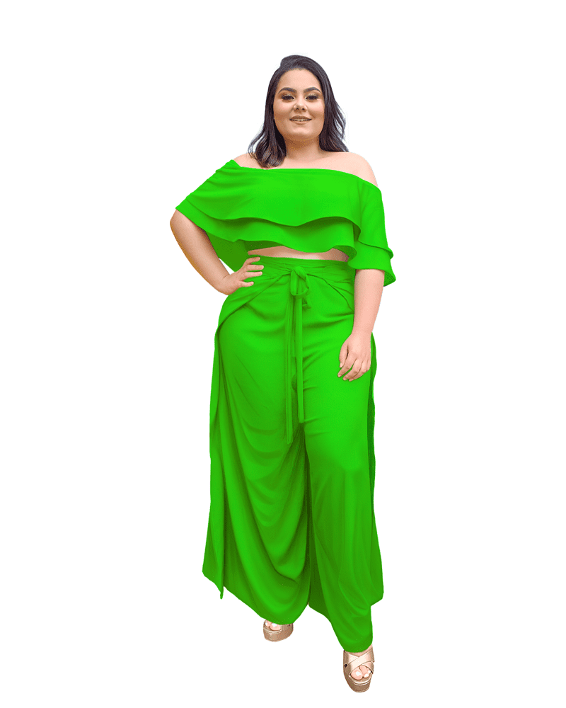 Conjunto Cropped Ciganinha  e Calça Envelope Verde Limão