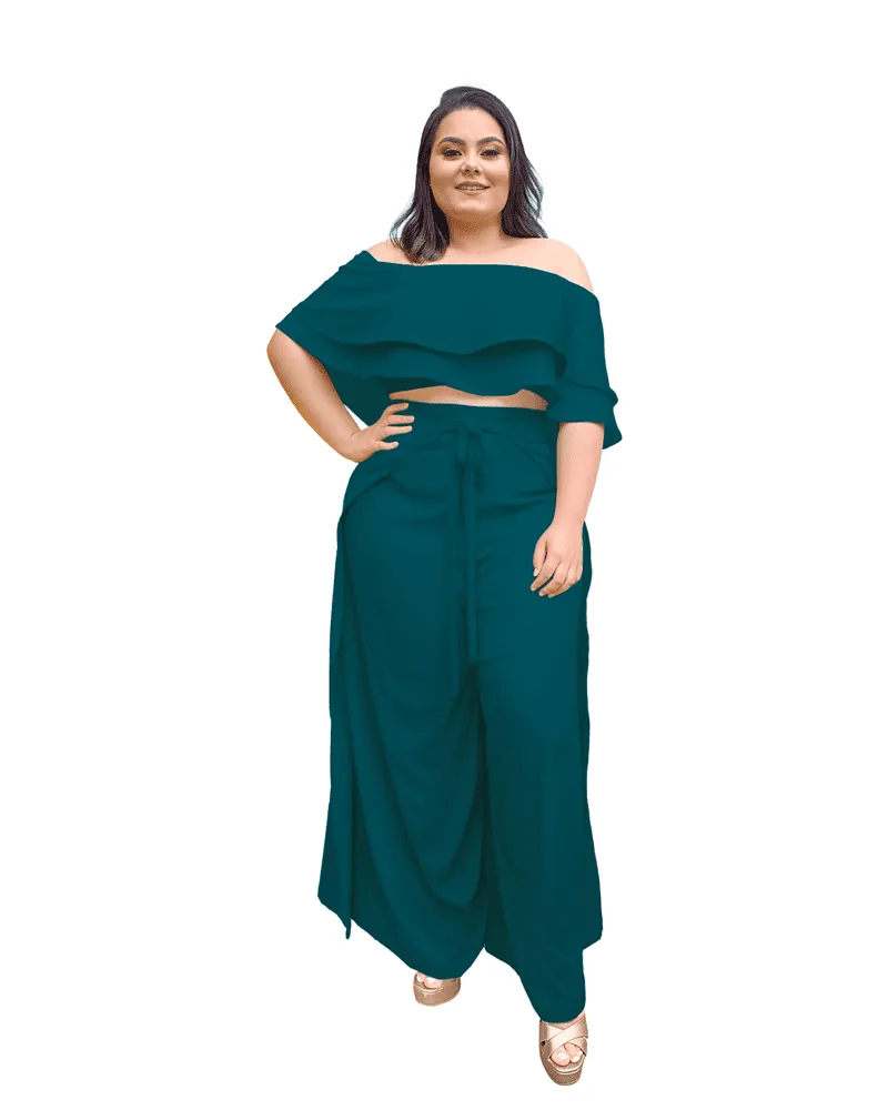 Conjunto Cropped Ciganinha e Calça Envelope Verde Esmeralda