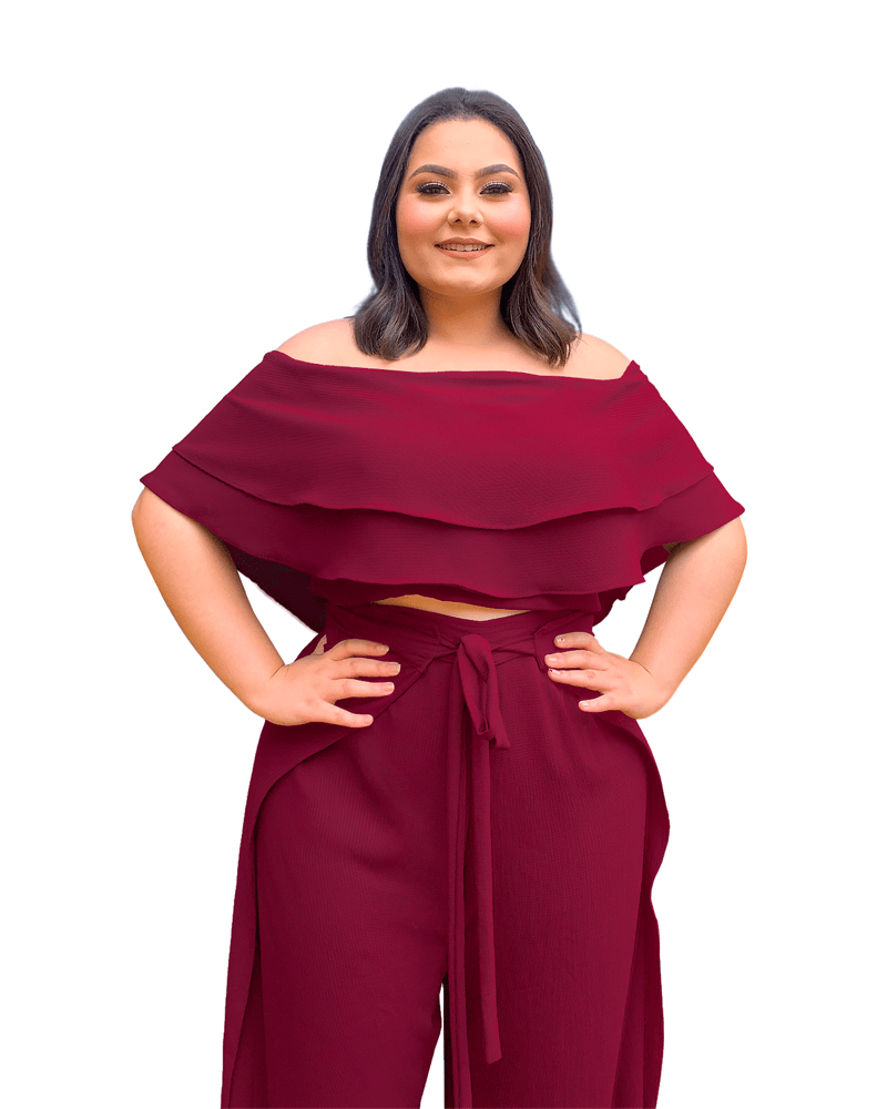 Conjunto Cropped Ciganinha Preto e Calça Envelope Marsala Uva 