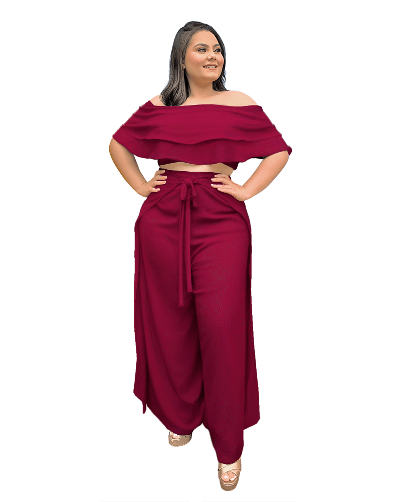 Conjunto Cropped Ciganinha Preto e Calça Envelope Marsala Uva 