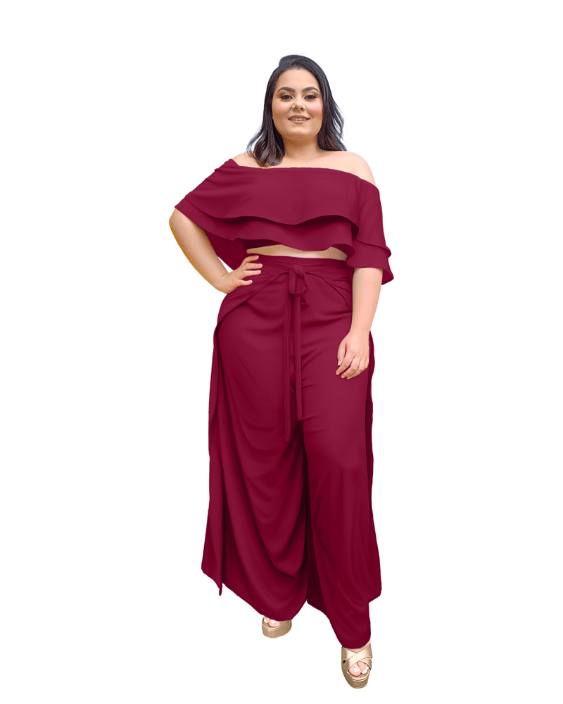 Conjunto Cropped Ciganinha Preto e Calça Envelope Marsala Uva 