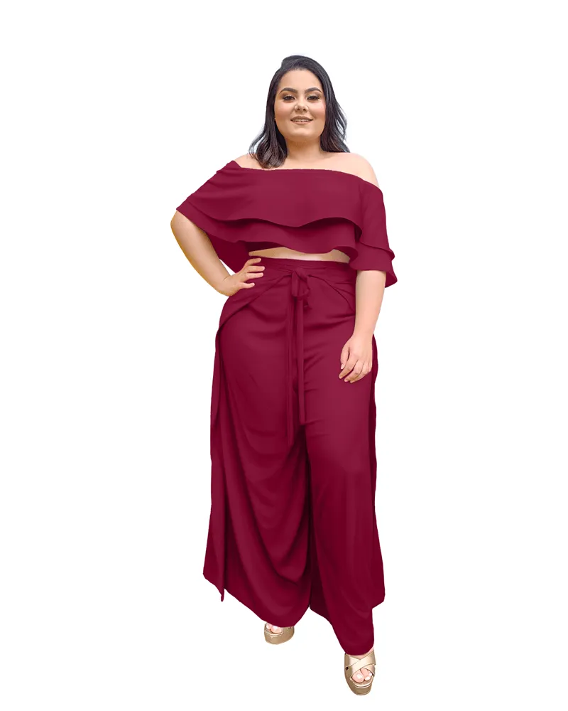 Conjunto Cropped Ciganinha Preto e Calça Envelope Marsala Uva 