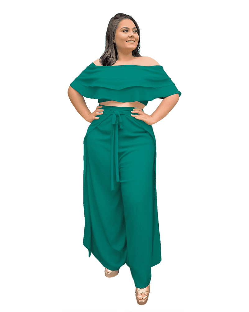 Conjunto Cropped Ciganinha Preto e Calça Envelope Verde Jade