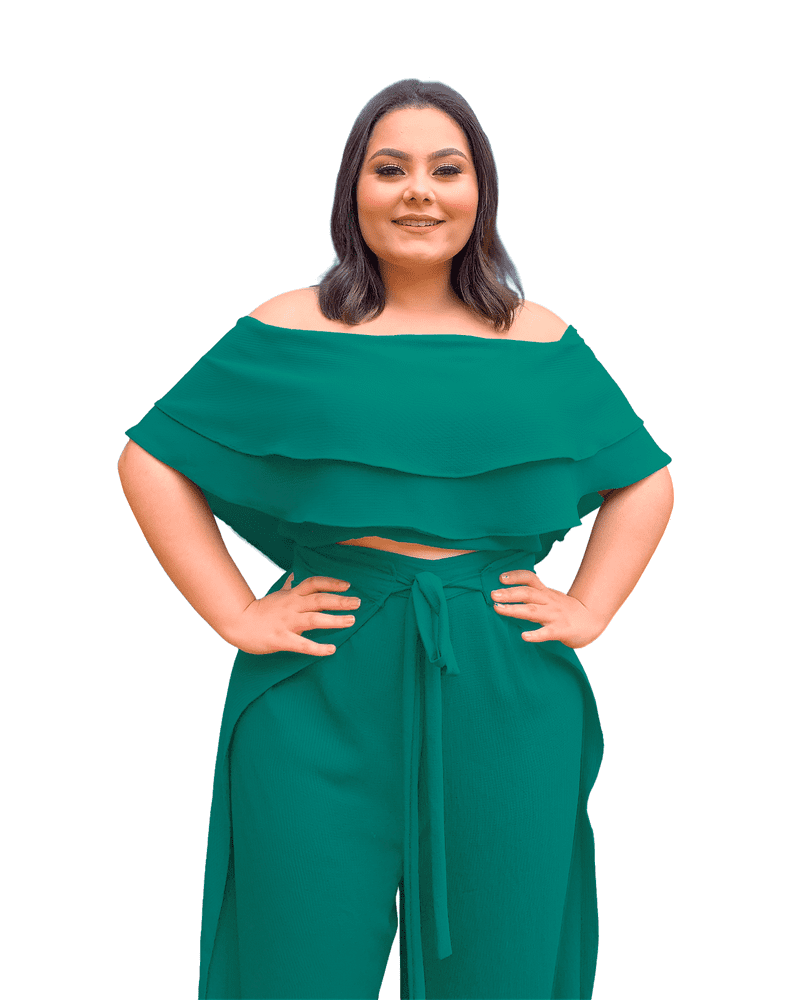 Conjunto Cropped Ciganinha Preto e Calça Envelope Verde Jade