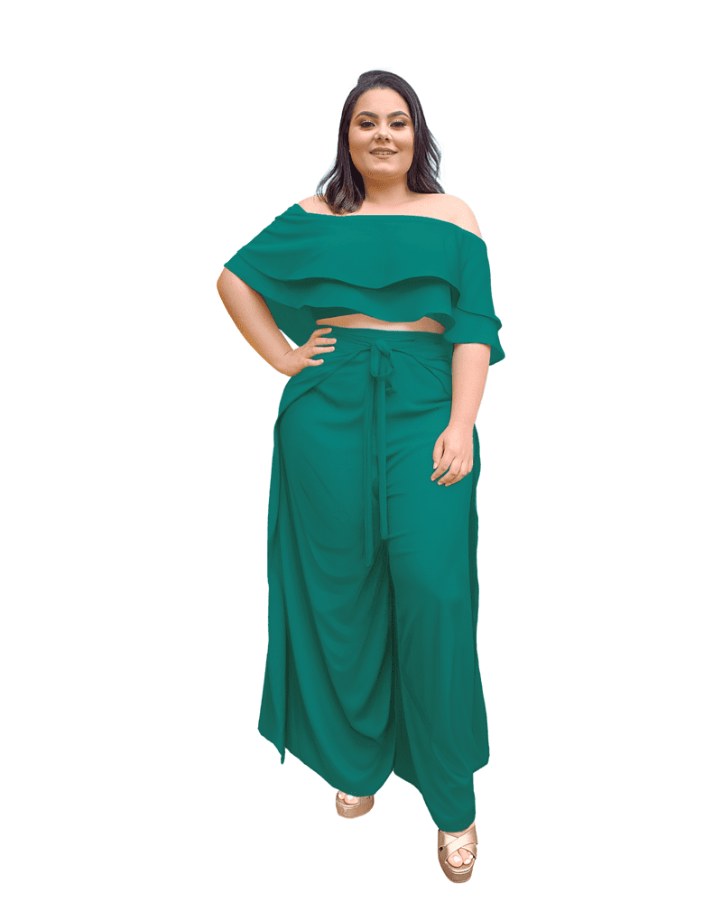 Conjunto Cropped Ciganinha Preto e Calça Envelope Verde Jade