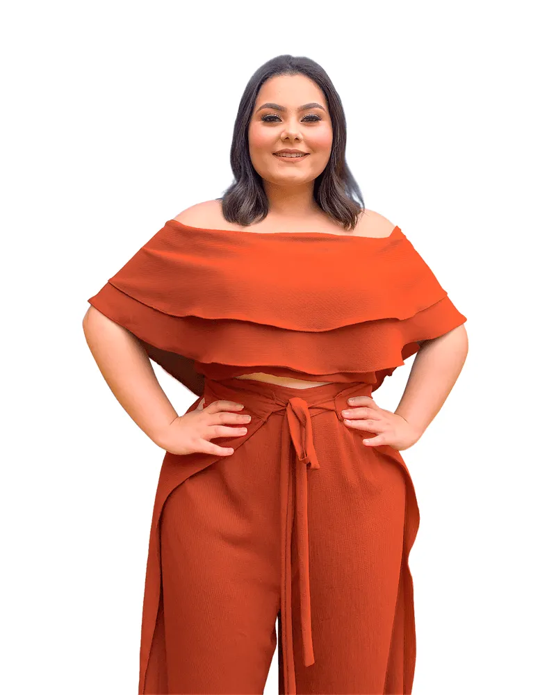 Conjunto Cropped Ciganinha Terracota e Calça Envelope