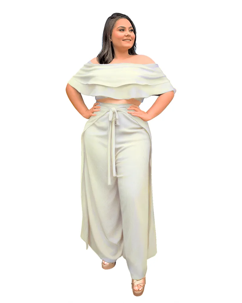Conjunto Cropped Ciganinha e Calça Envelope Off White