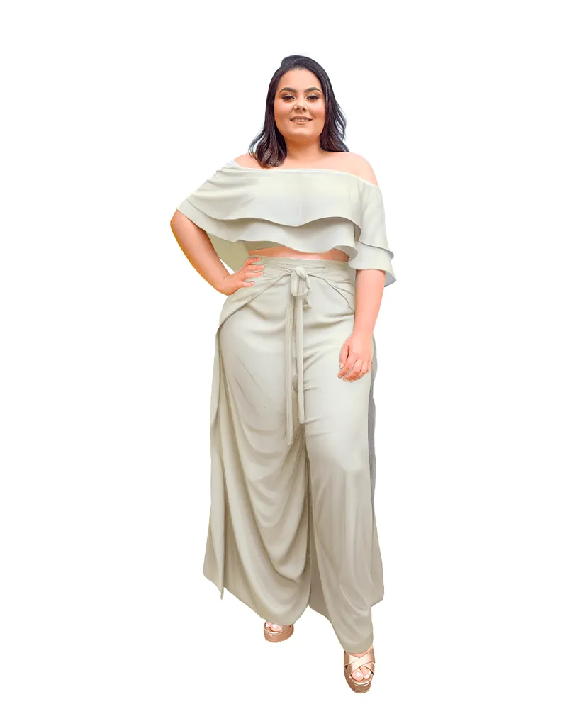 Conjunto Cropped Ciganinha e Calça Envelope Off White