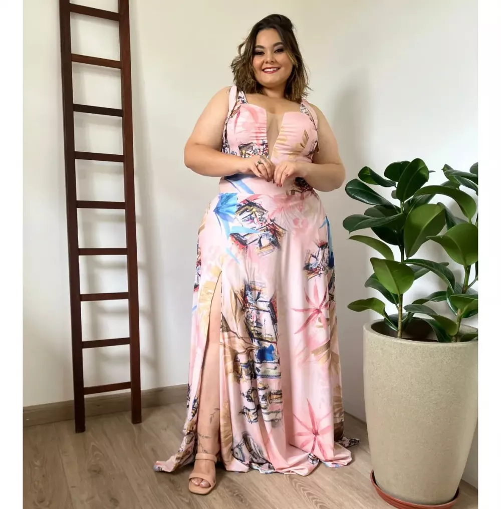 Vestido Madrinha de Casamento Estampado com decote Ana Julia 